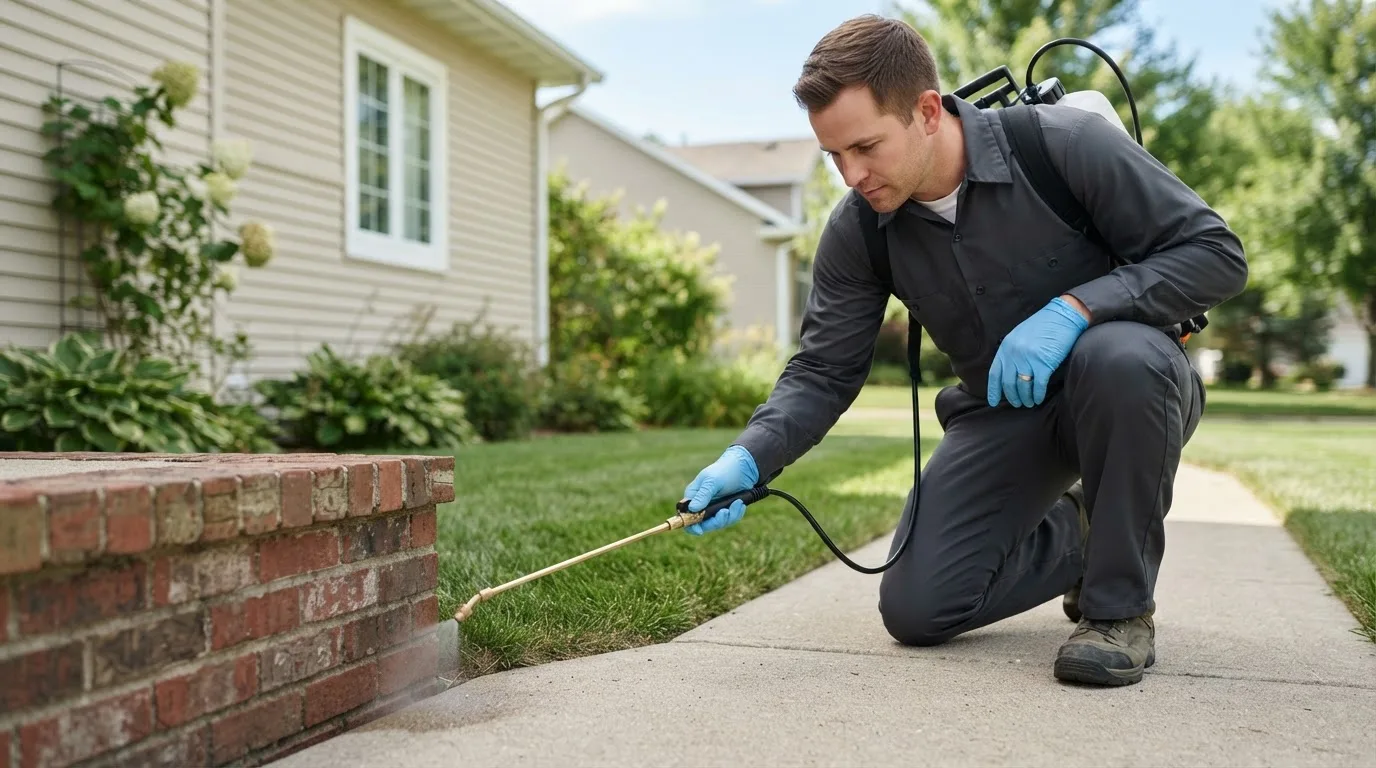 Pest control technician treating a home near Riley, IN