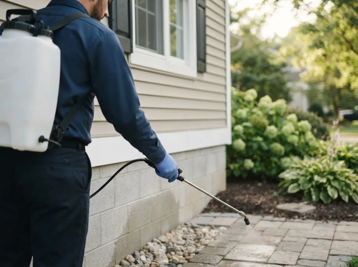 Pest control technician inspecting a home in Riley, IN
